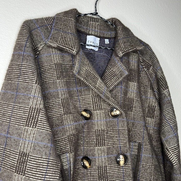 Cyrus Knits Brown & Blue Glen Plaid Collared Peacoat Sweater Jacket Sz S - Picture 4 of 11